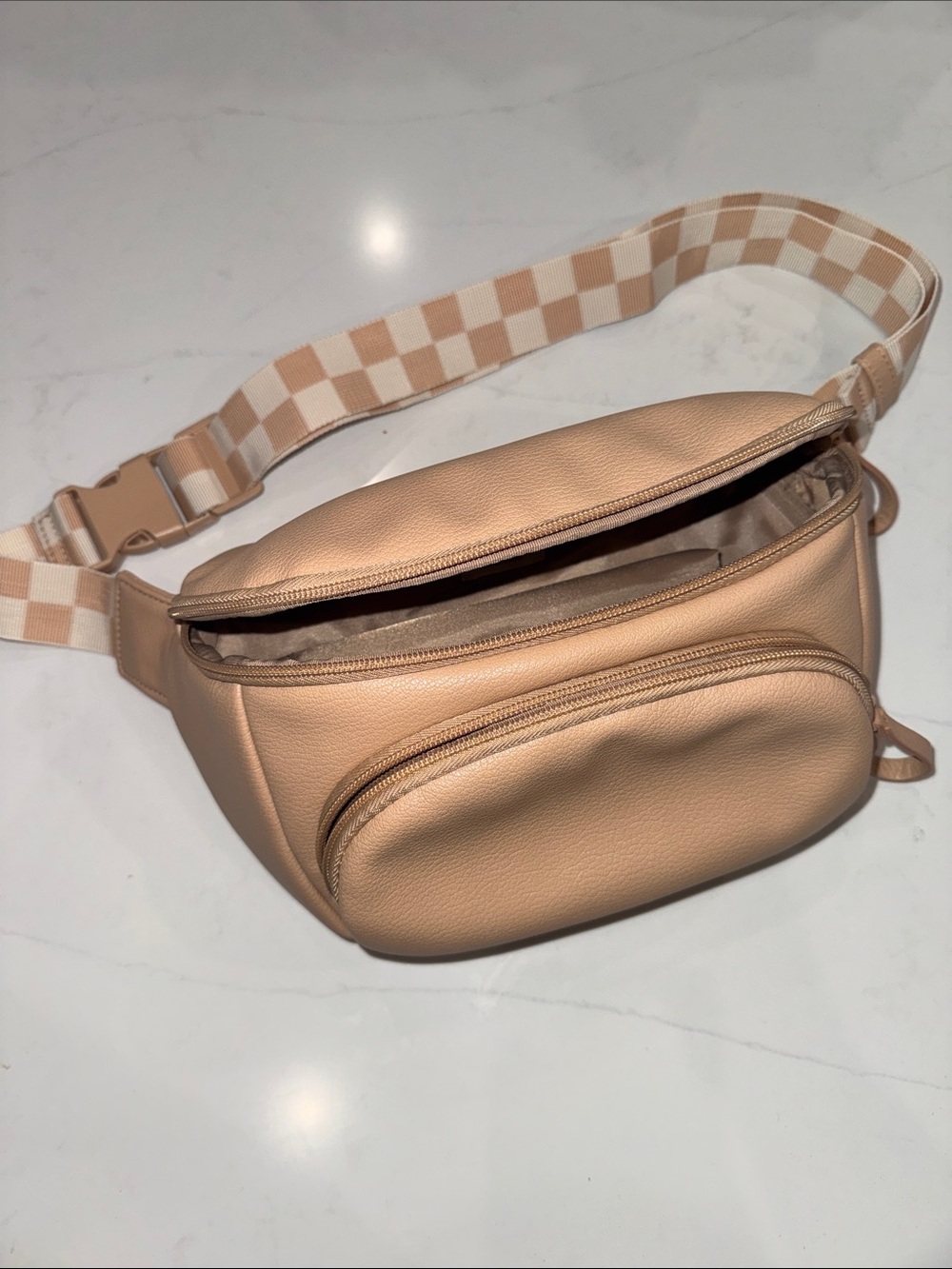 cloud island Beige Faux Leather Crossbody Belt Bag with Check Strap